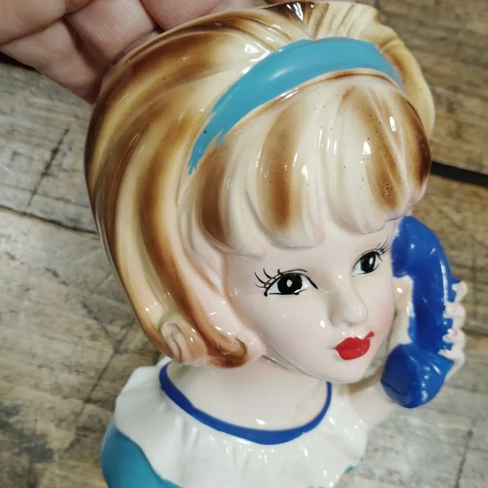 Vintage Lady Head Vase Teenager Inarco E-3548 Telephone Planter Retro Japan